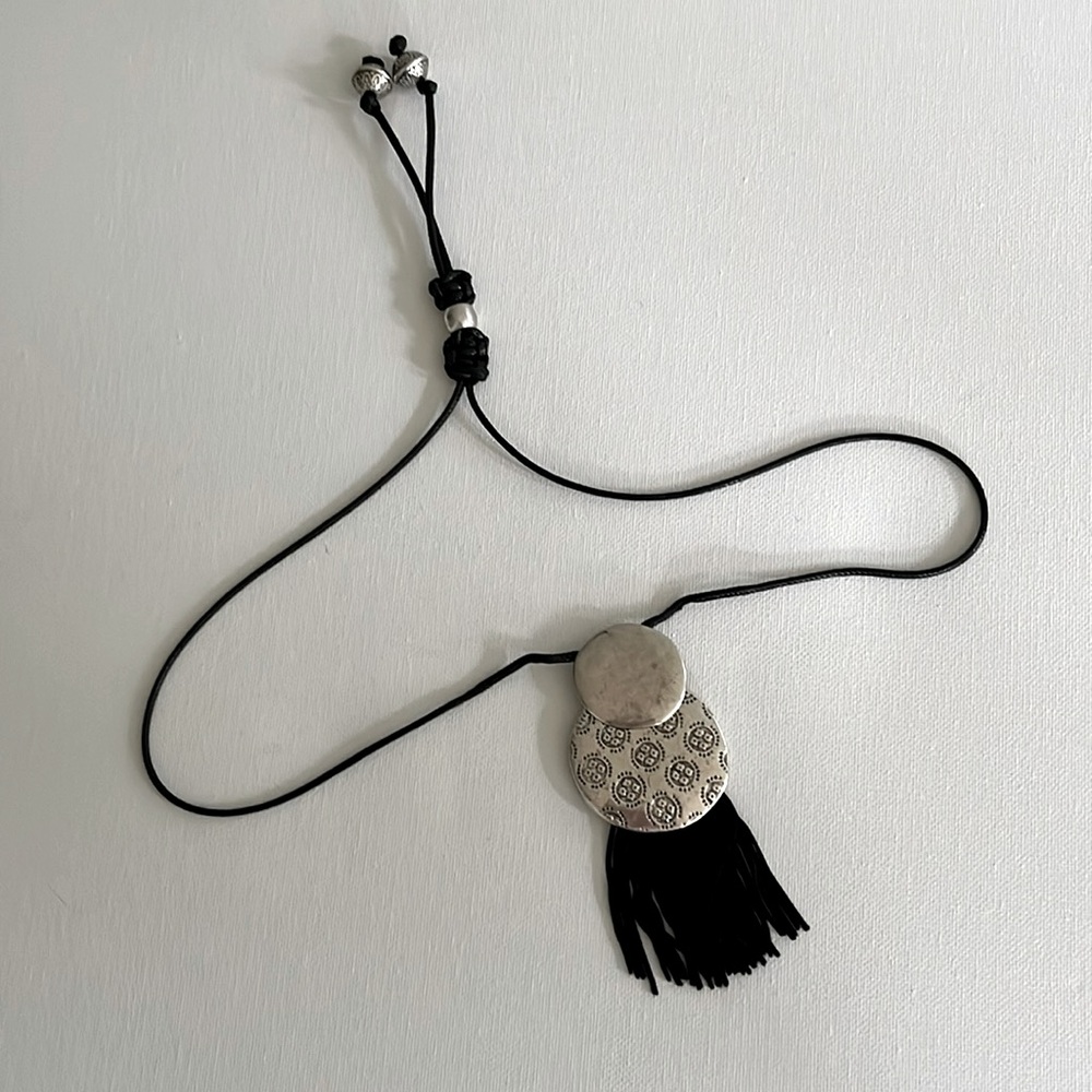 Silver tone necklace with tassels